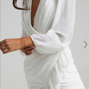 CAN I BE YOUR HONEY PLUNGE BALLOON SLEEVE MINI DRESS IN WHITE